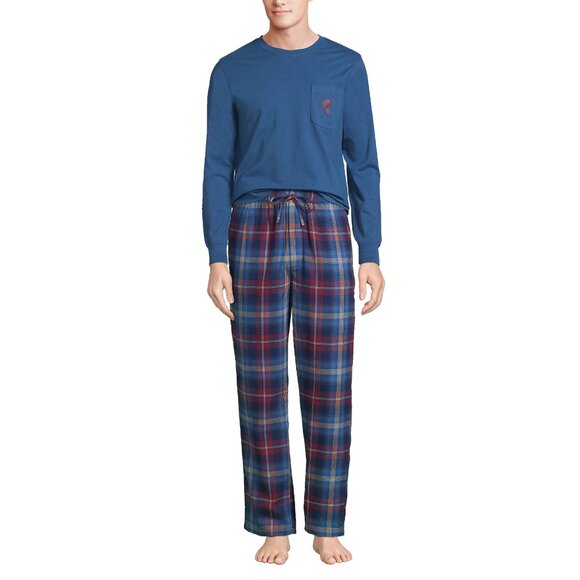 NWT Blake Shelton Lands End Men's Flannel Knit Pajamas Set Blue Plaid size LT - Picture 1 of 6